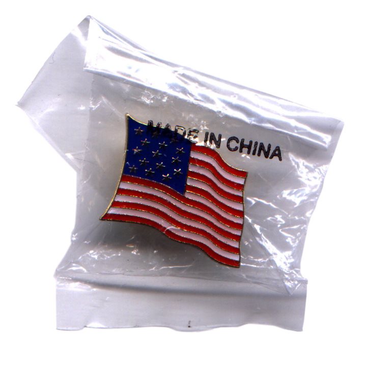 American flag lapel pin labeled "Made in China"