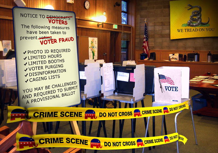 Cartoon depicts voting stations blocked off with crime-scene tape, showing a list of measures that make it more difficult to vote: photo ID, limited hours, voter purges, etc.