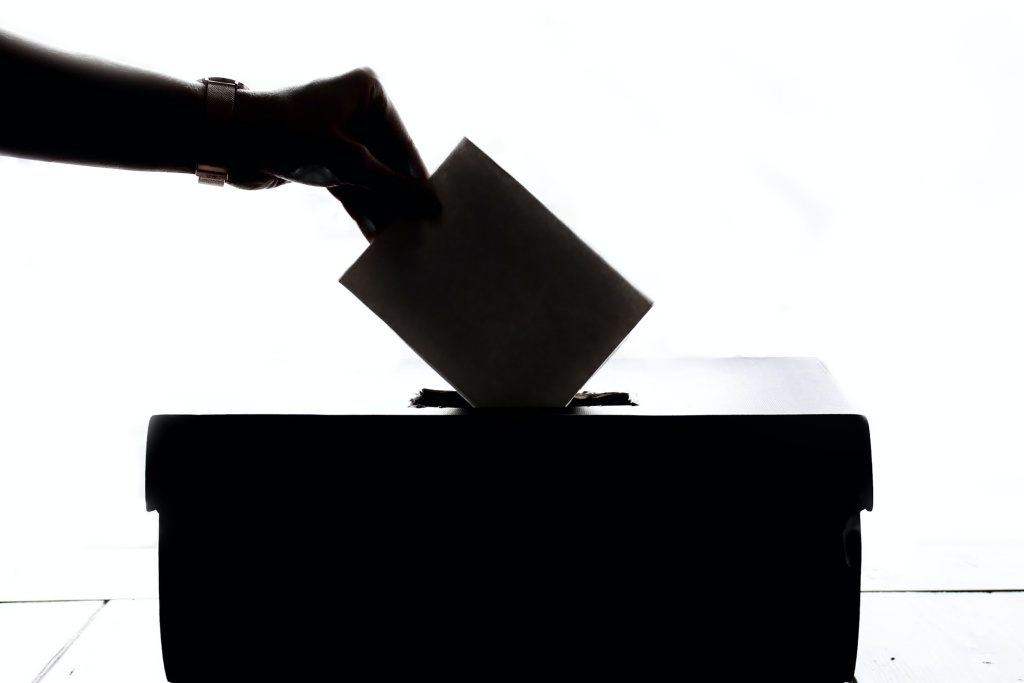 A hand deposits a vote into a ballot box