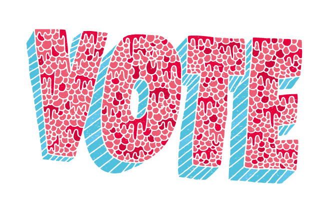 Red, white and blue graphical cartoon of the word VOTE