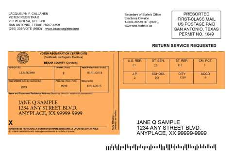 Sample orange Texas voter registration card