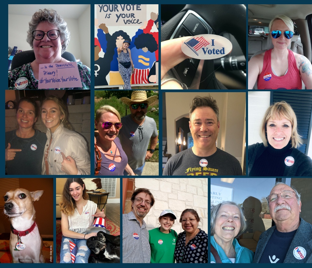 Collage of Kendall County Democrats with "I Voted" stickers