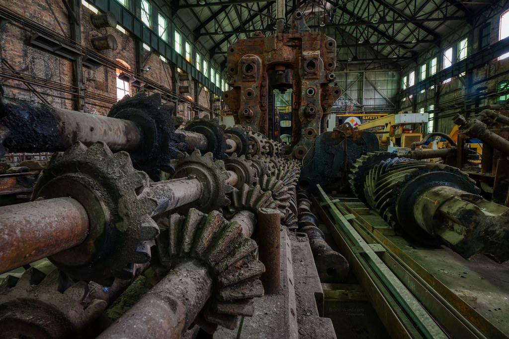 Massive gears sit idle and rusted at Pennsylvania's Carrie Blast Furnace.