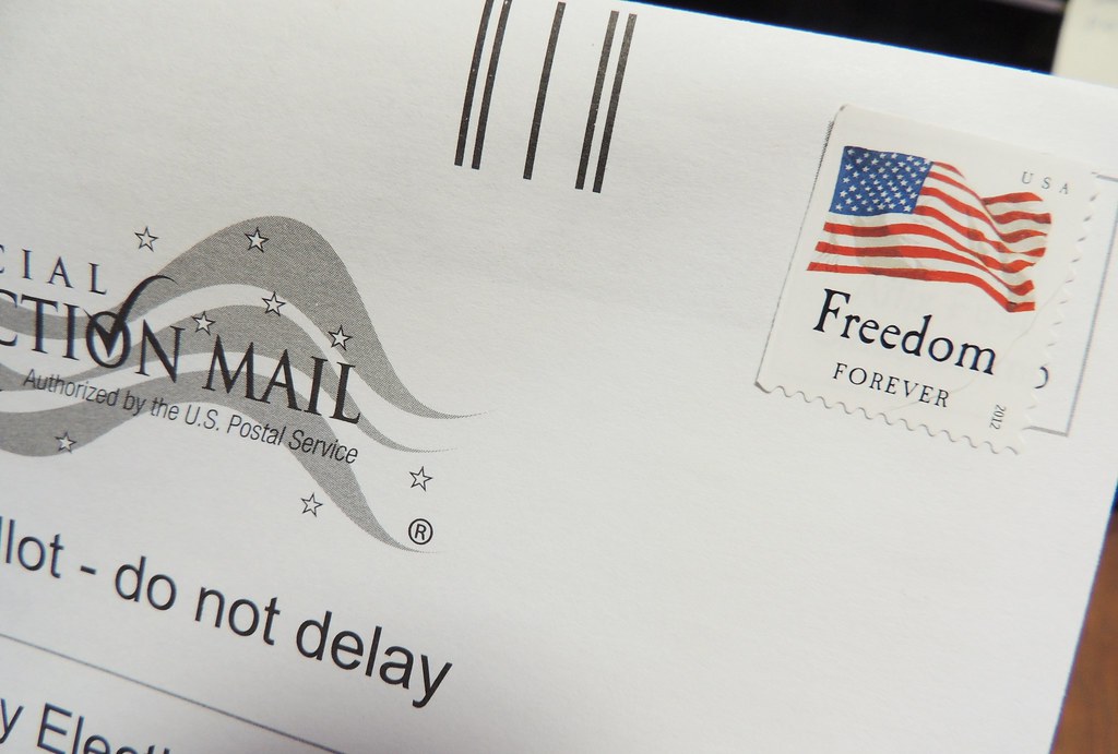 Official Election Mail envelope with "Freedom" postage stamp