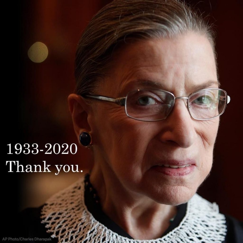 Photo of Ruth Bader Ginsburg with text: "1933-2020. Thank you."