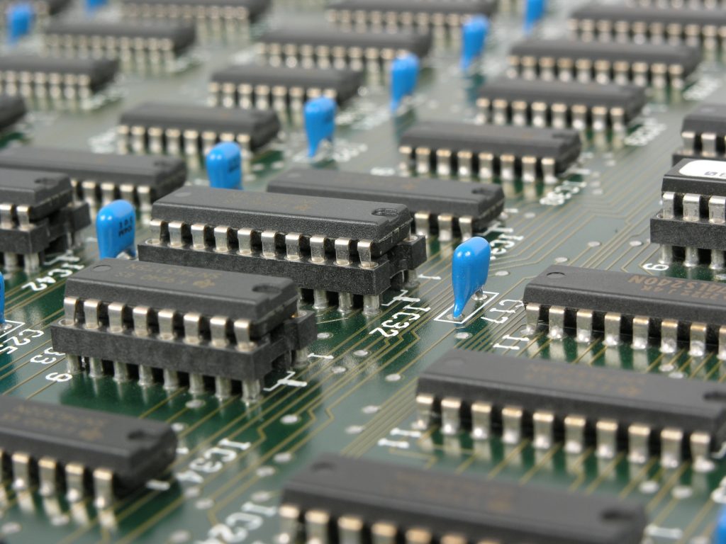 Closeup of transistors on a circuit board