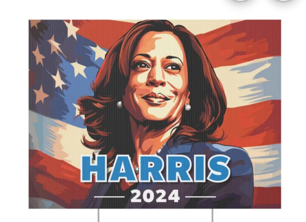 Kamala Harris 2024 with American flag in background.