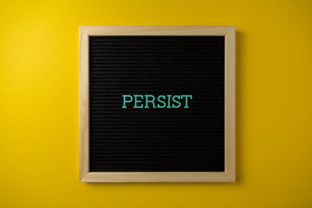 Felt board with the word Persist.