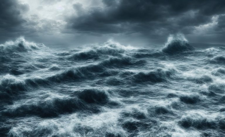 Large ocean waves under stormy sky.