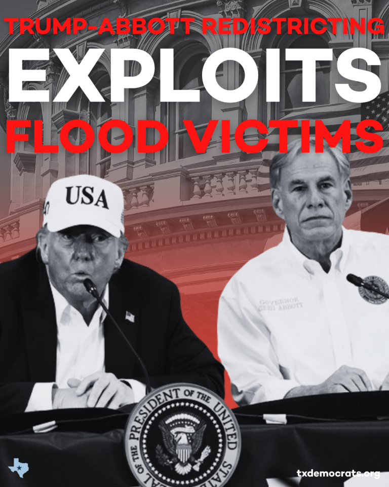 Trump and Abbott with title Trump-Abbott Redistricting Exploits Flood Victims.