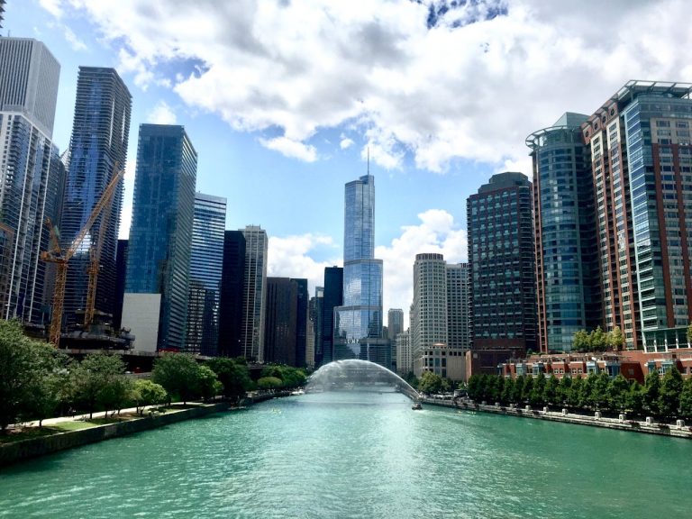 River between trees and Chicago city skyscrapers.